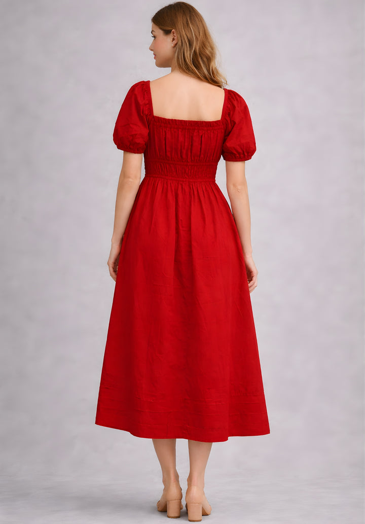 Red Pure Cotton A-Line Smoked Waist Dress