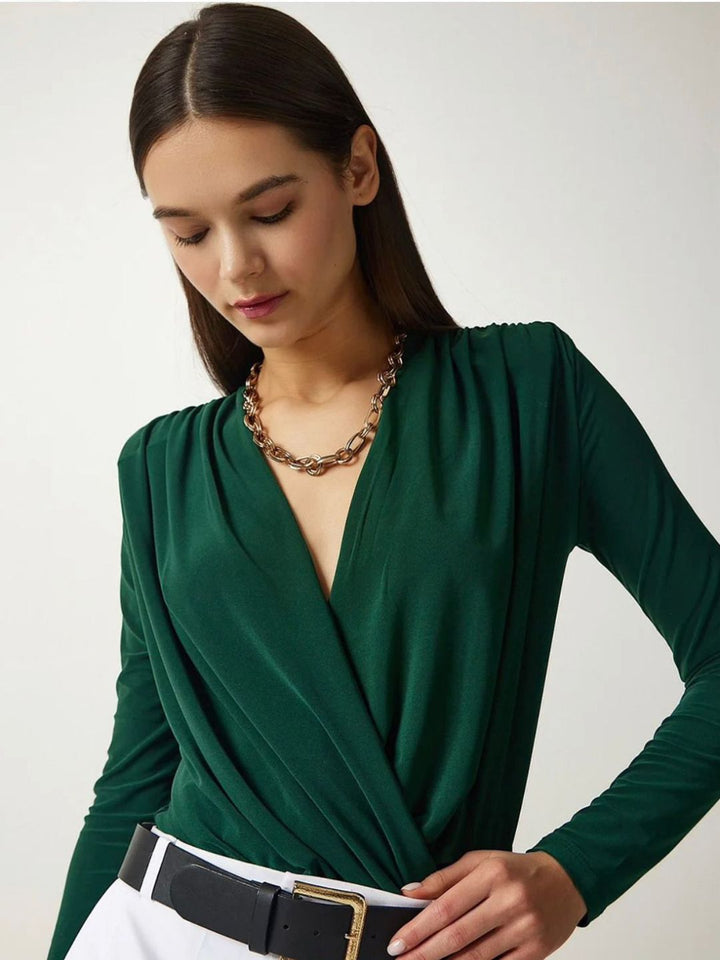 Green V-Neck Bodysuit Top