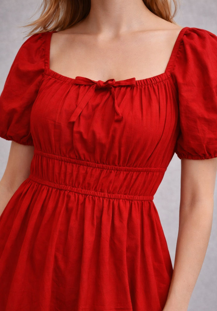 Red Pure Cotton A-Line Smoked Waist Dress