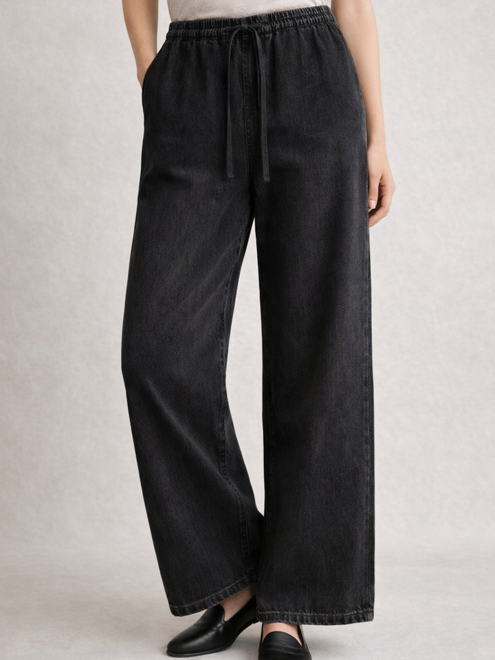Black Denim Drawstring Trousers