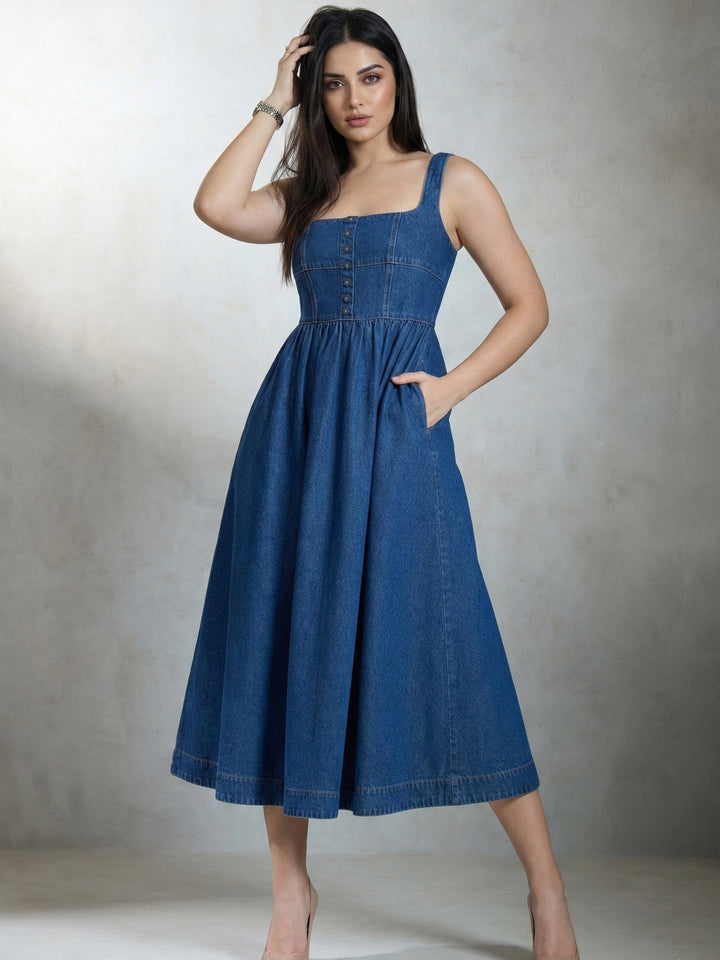 Blue Denim Flared Midi Dress