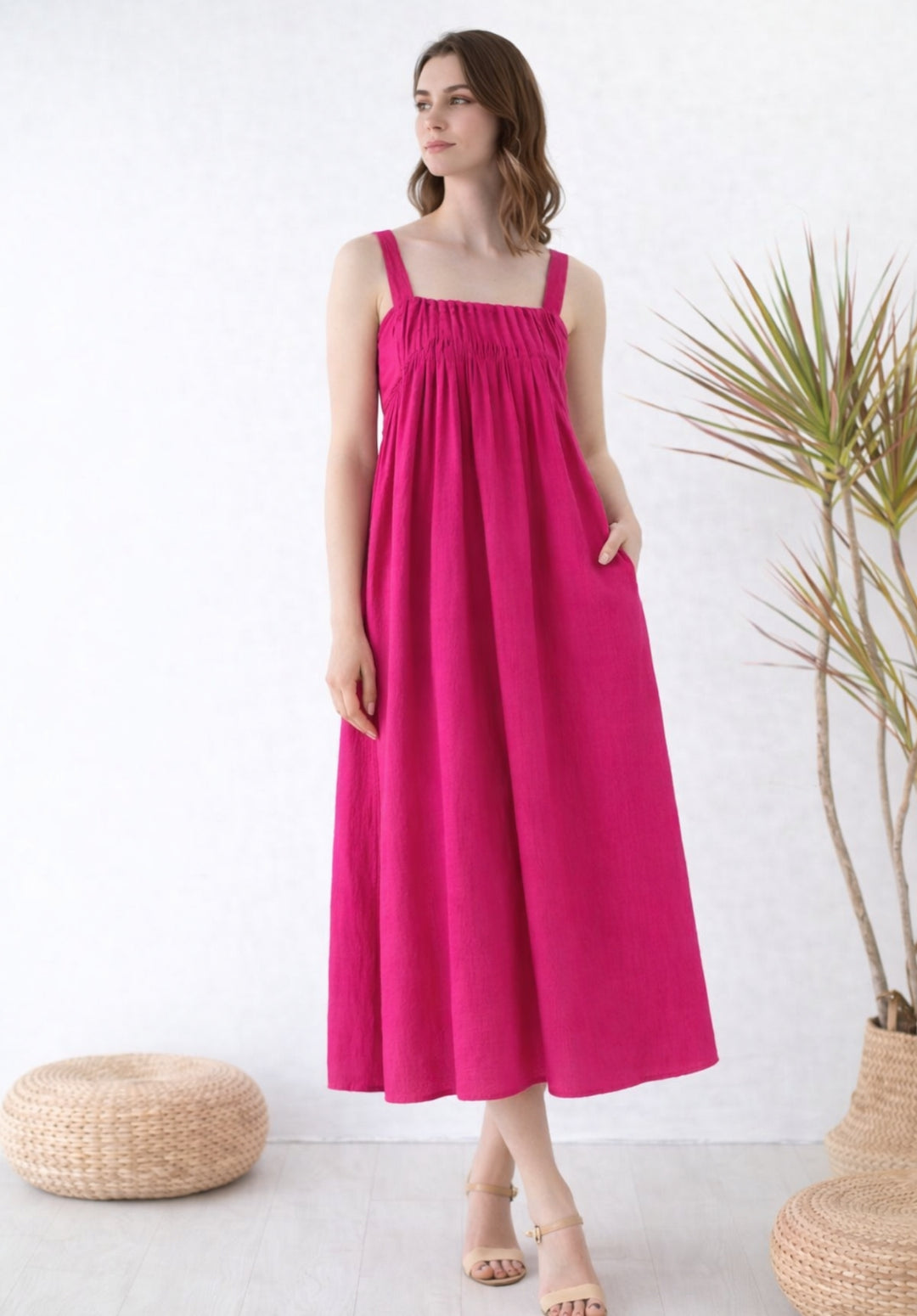 Pink Pleated Pure Cotton A-Line Smoked Waist Dress