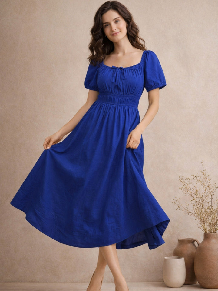Blue Pure Cotton A-Line Smoked Waist Dress
