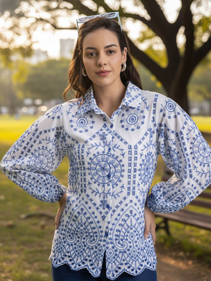 White & Blue Schiffli Embroidery Pure Cotton Shirt