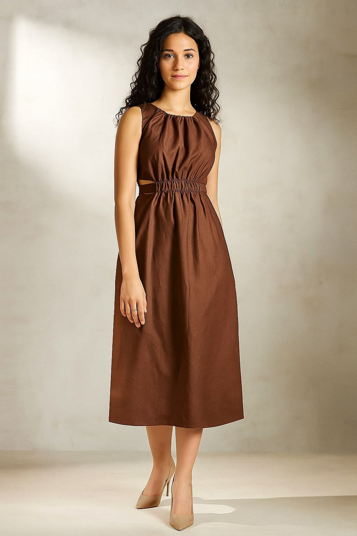 Brown Pure Cotton A-Line Dress