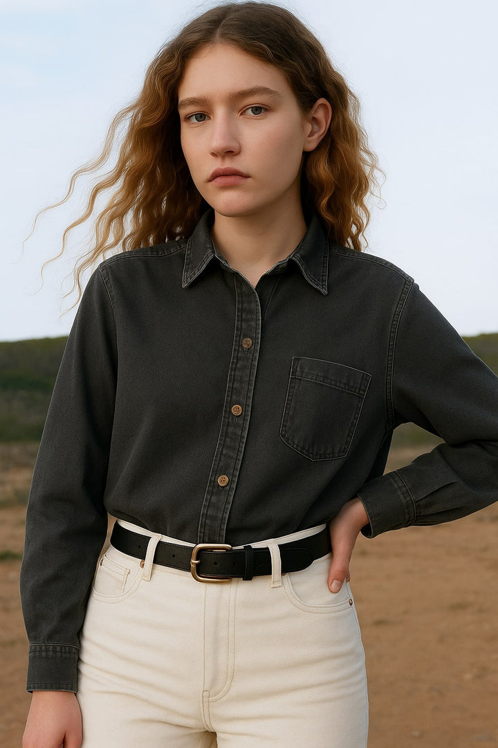 Black Pocket Denim Shirt