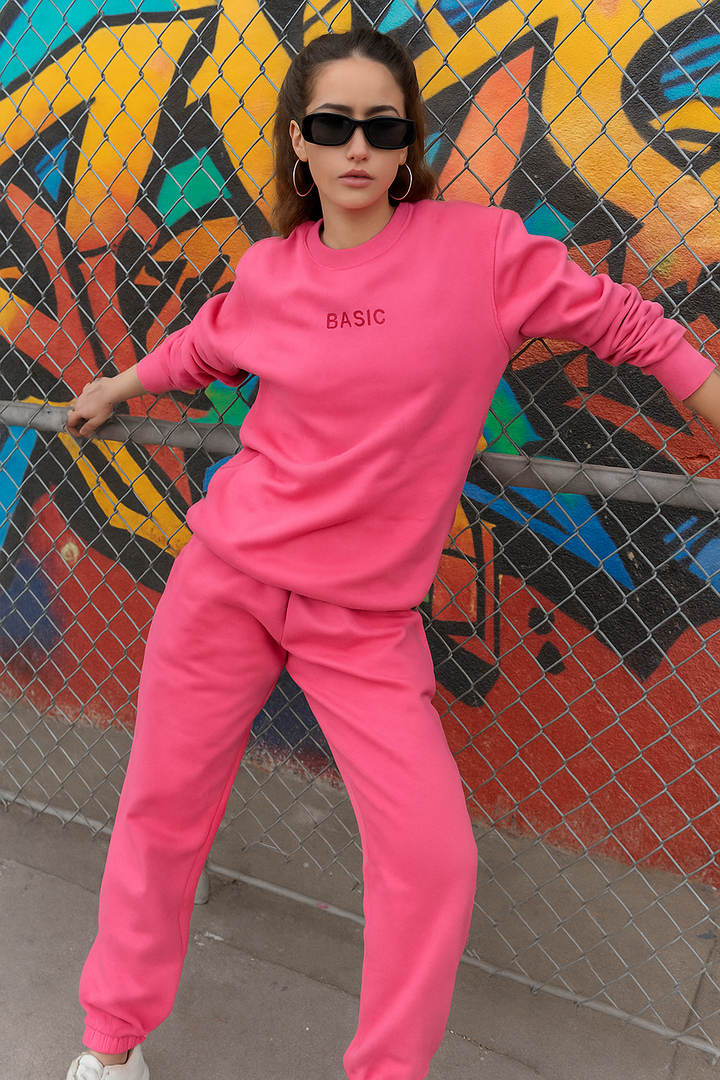 Pink Basic Sweatshirt Jogger Co-ord Set