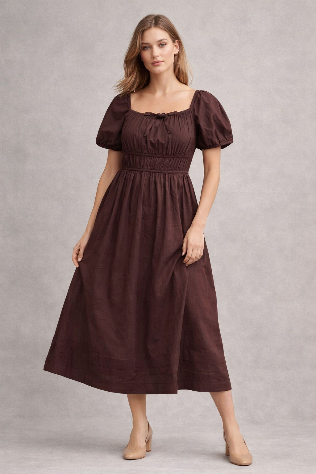 Brown Pure Cotton A-Line Smoked Waist Dress