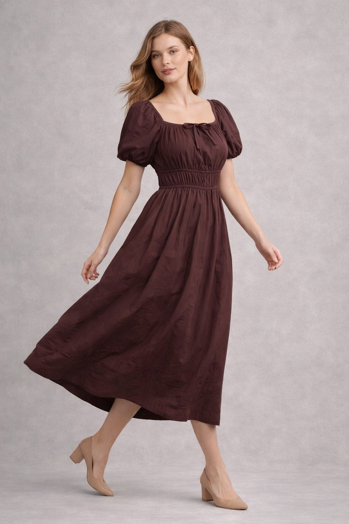Brown Pure Cotton A-Line Smoked Waist Dress