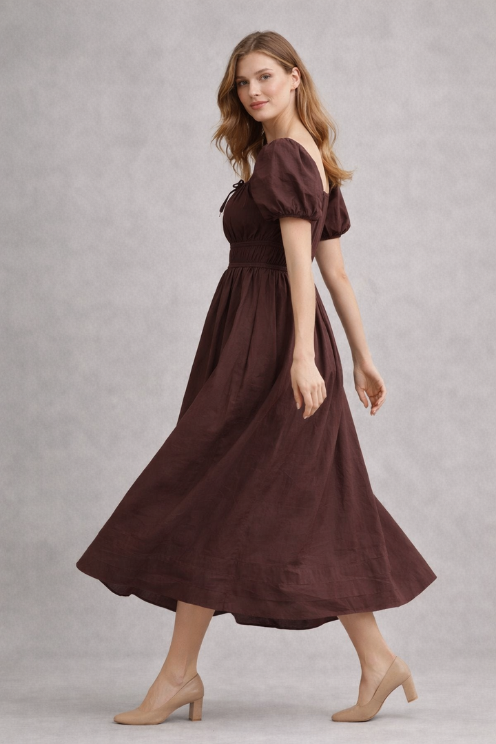 Brown Pure Cotton A-Line Smoked Waist Dress