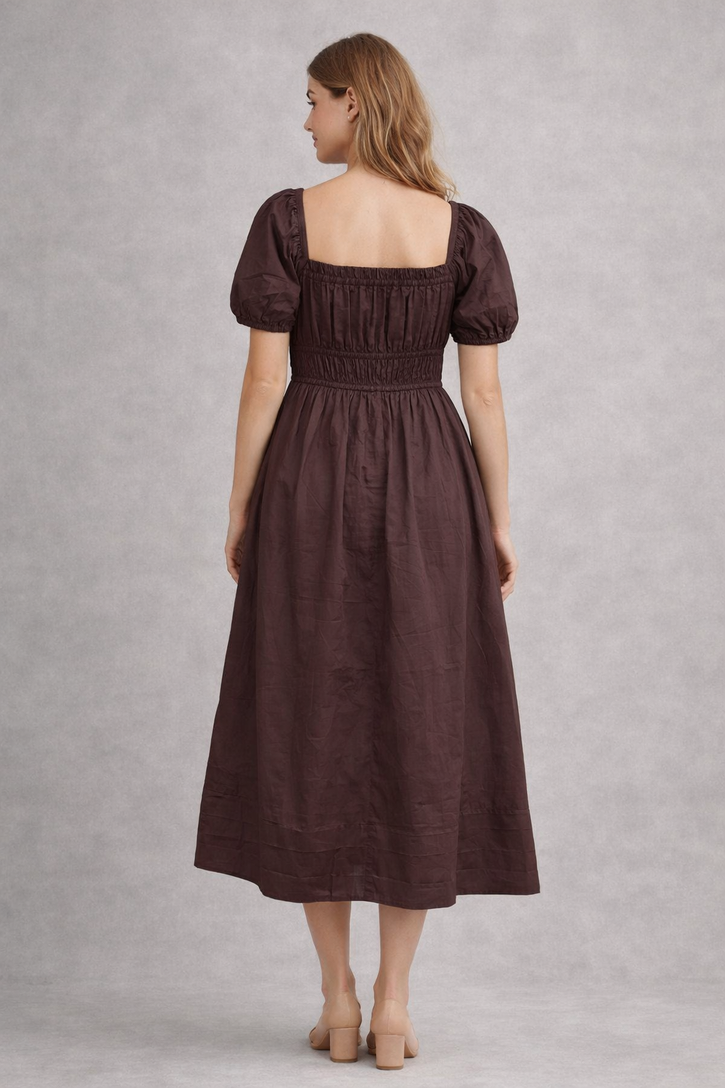 Brown Pure Cotton A-Line Smoked Waist Dress
