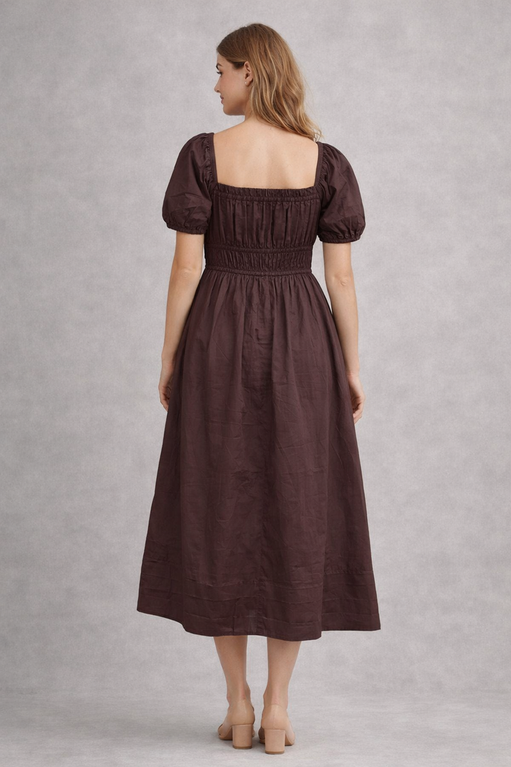 Brown Pure Cotton A-Line Smoked Waist Dress