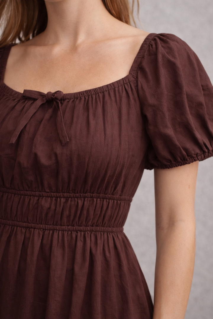 Brown Pure Cotton A-Line Smoked Waist Dress