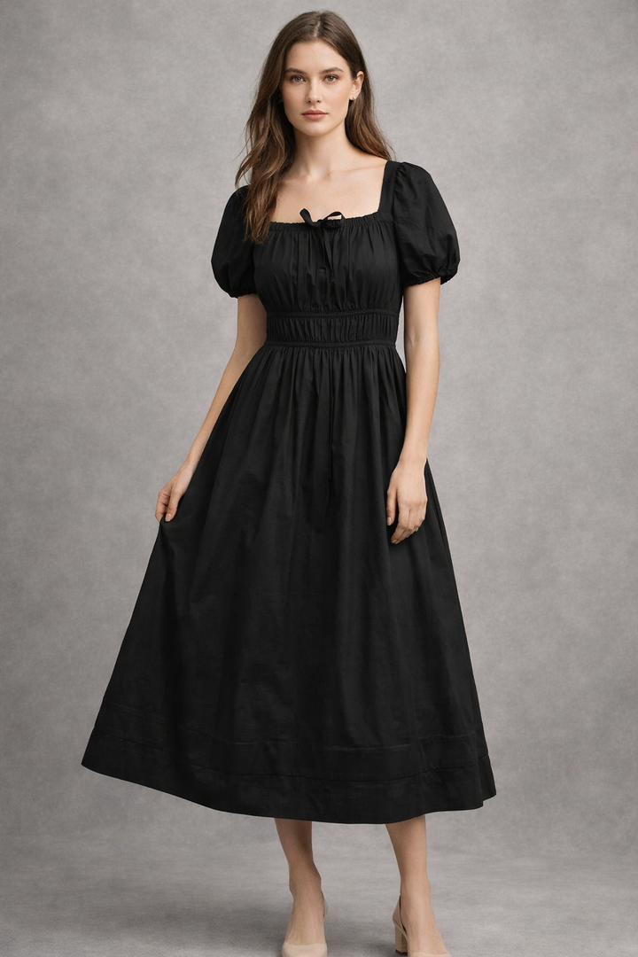Black Pure Cotton A-Line Smoked Waist Dress