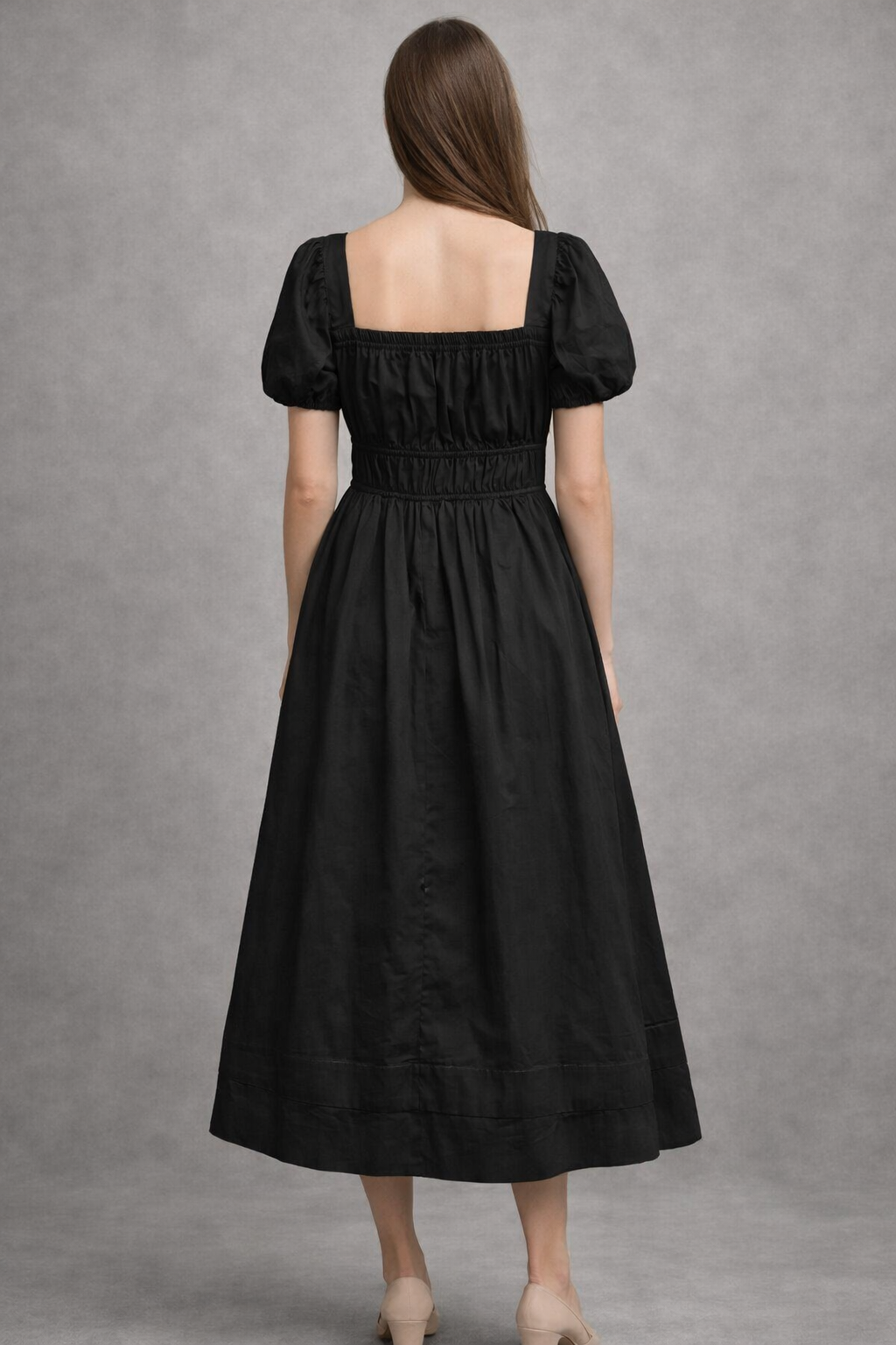 Black Pure Cotton A-Line Smoked Waist Dress
