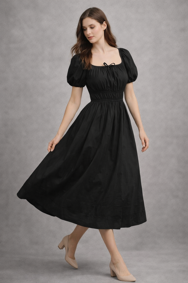 Black Pure Cotton A-Line Smoked Waist Dress
