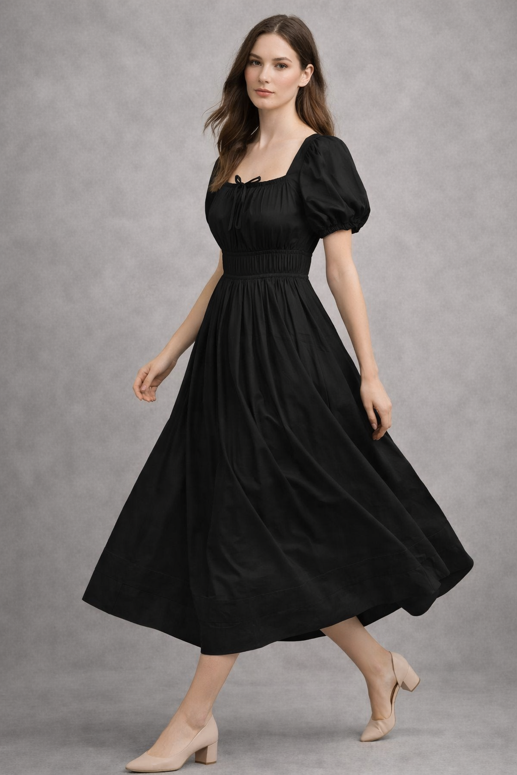 Black Pure Cotton A-Line Smoked Waist Dress