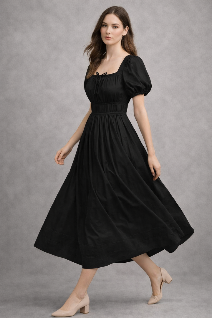 Black Pure Cotton A-Line Smoked Waist Dress