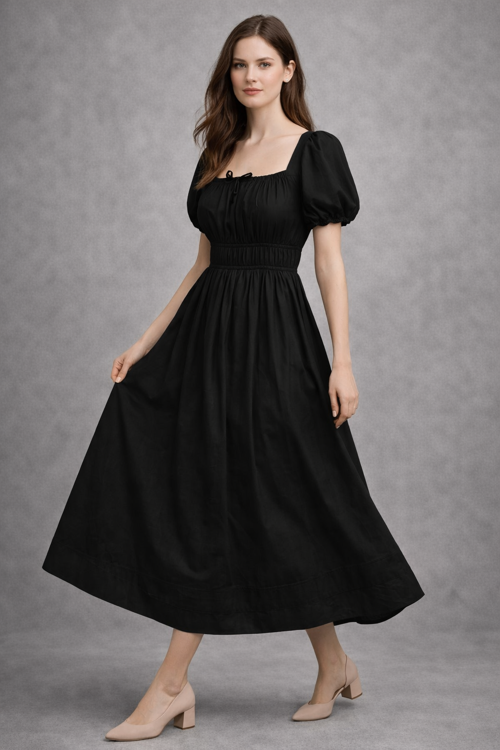 Black Pure Cotton A-Line Smoked Waist Dress