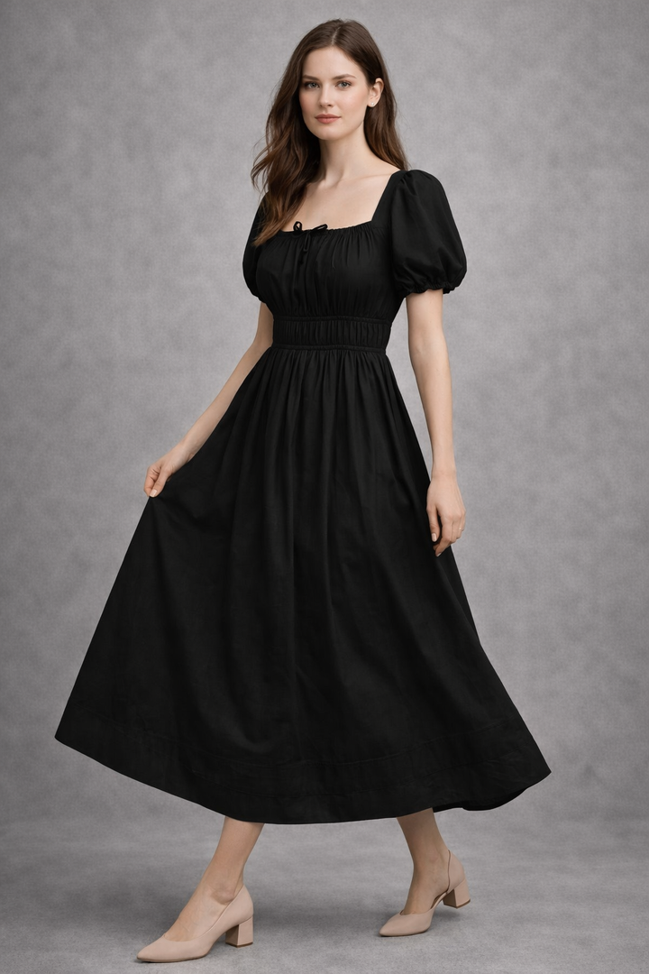 Black Pure Cotton A-Line Smoked Waist Dress