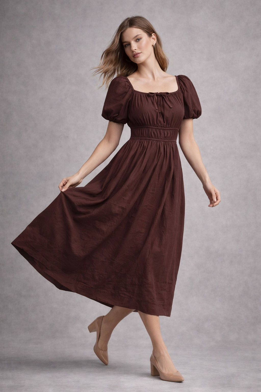 Brown Pure Cotton A-Line Smoked Waist Dress