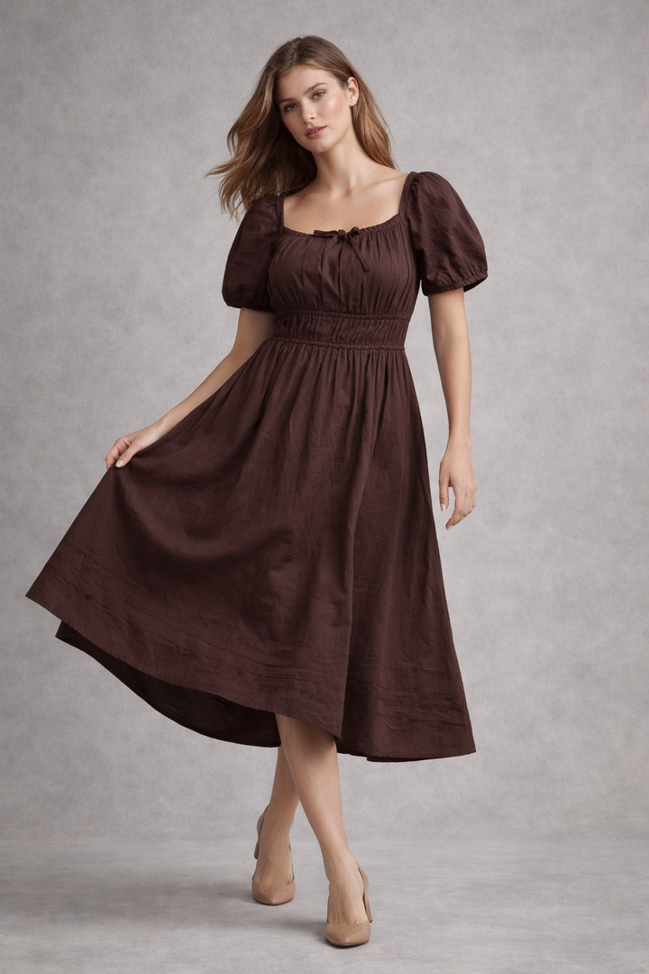 Brown Pure Cotton A-Line Smoked Waist Dress