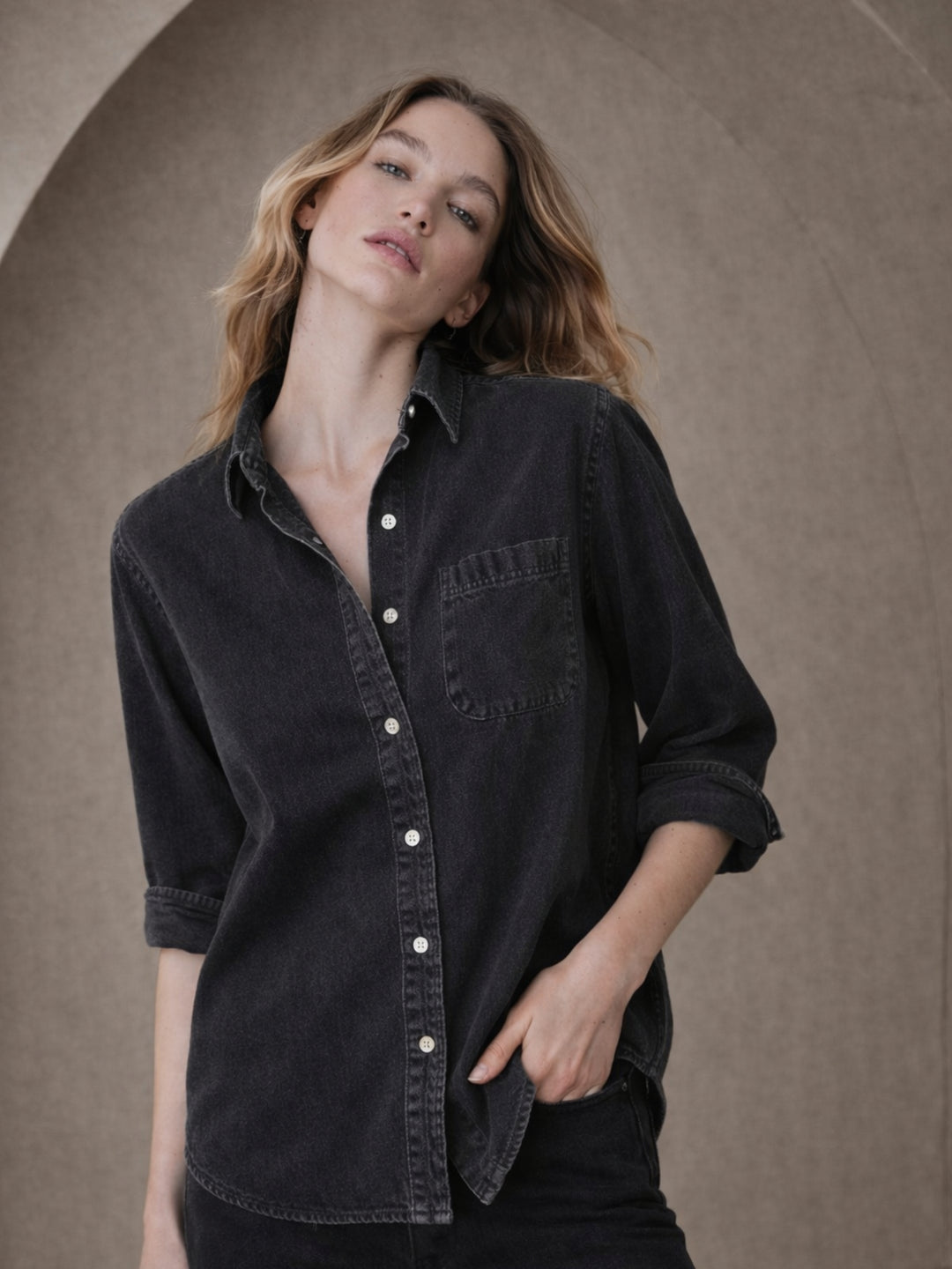 Black Pocket Denim Shirt