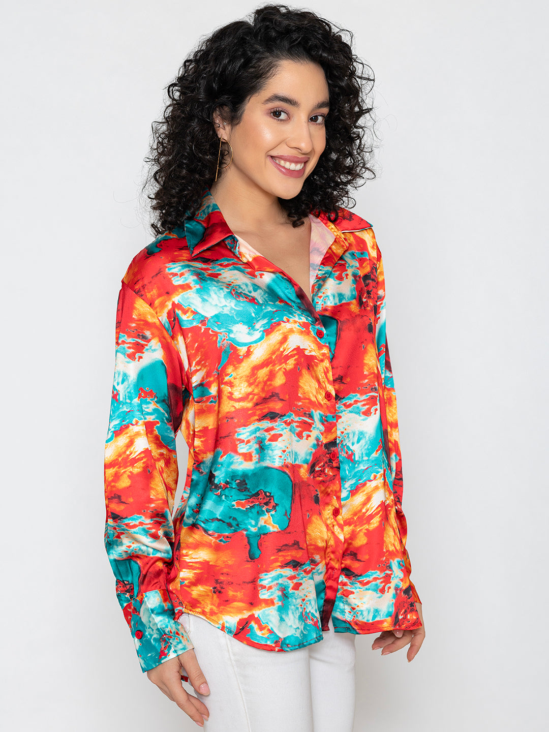 Red Printed Satin Relaxed Fit Shirt