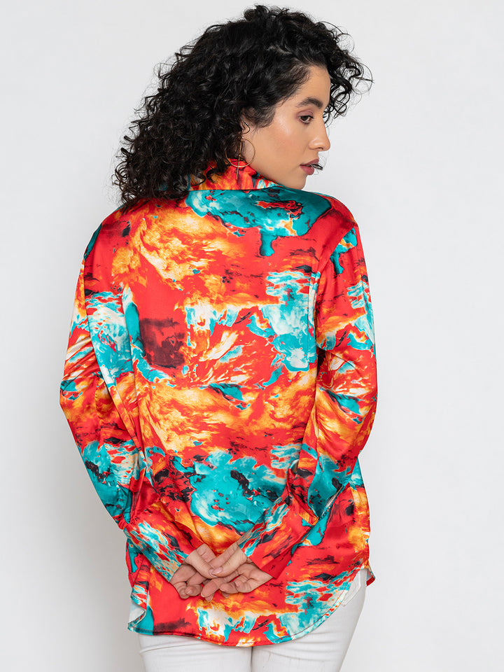 Red Printed Satin Relaxed Fit Shirt