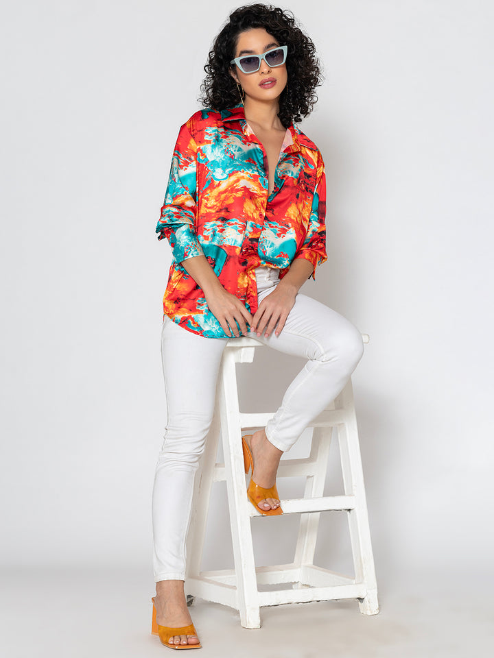 Red Printed Satin Relaxed Fit Shirt