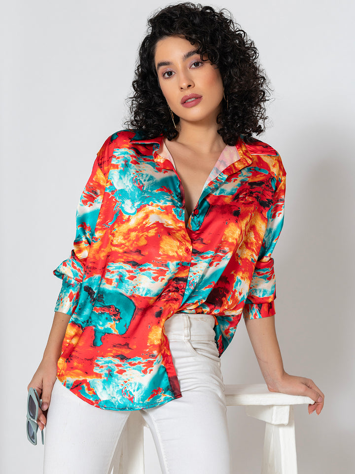 Red Printed Satin Relaxed Fit Shirt