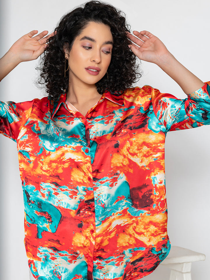 Red Printed Satin Relaxed Fit Shirt