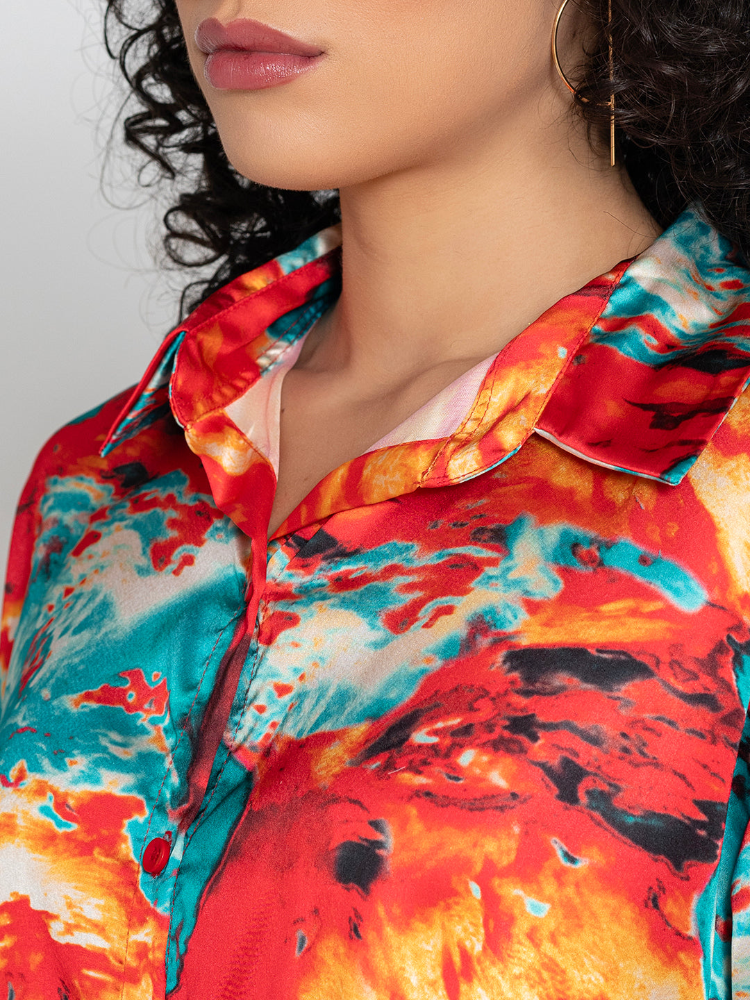 Red Printed Satin Relaxed Fit Shirt