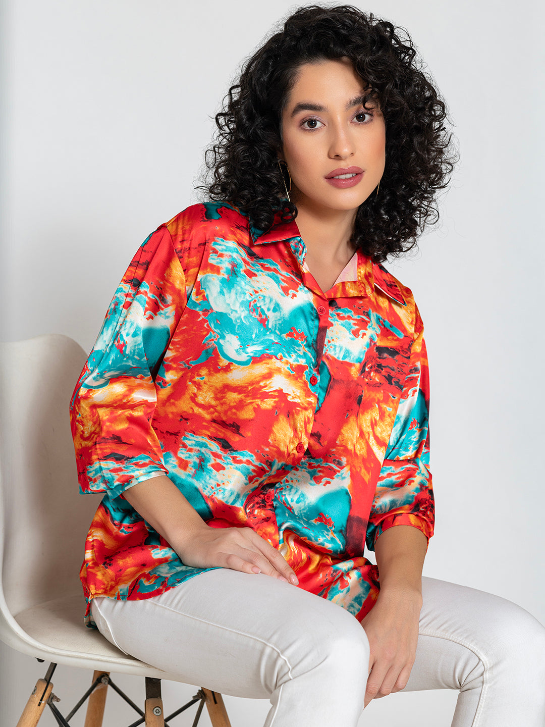 Red Printed Satin Relaxed Fit Shirt