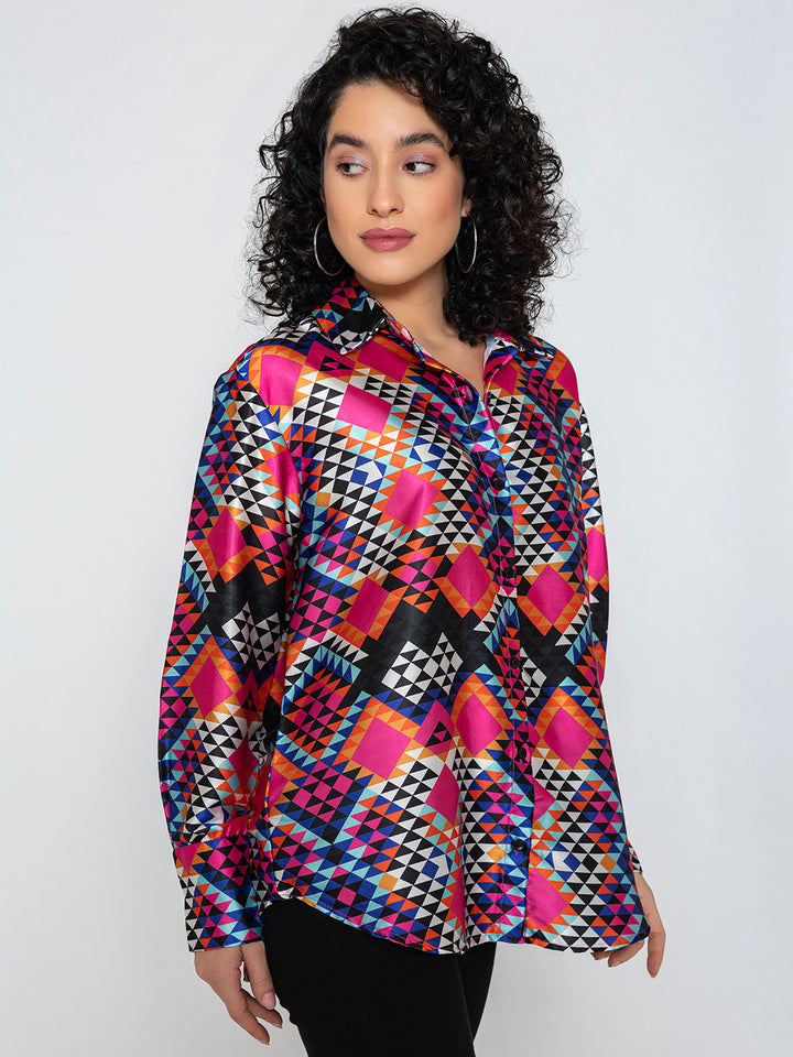 Multicolor Printed Satin Relaxed Fit Shirt