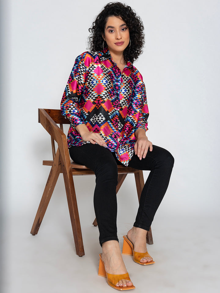 Multicolor Printed Satin Relaxed Fit Shirt