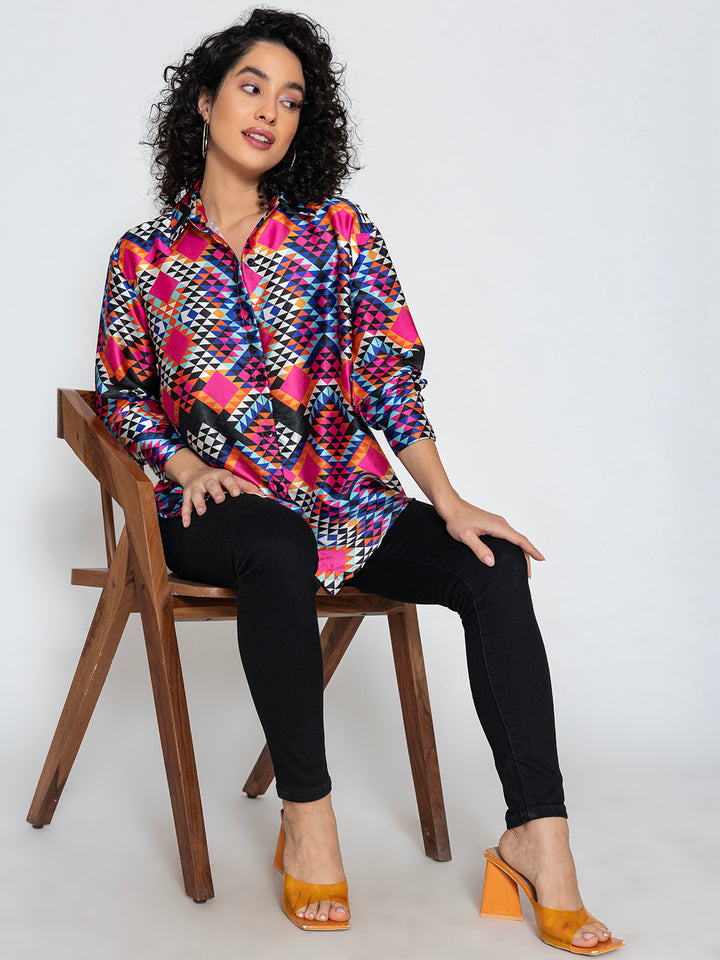 Multicolor Printed Satin Relaxed Fit Shirt