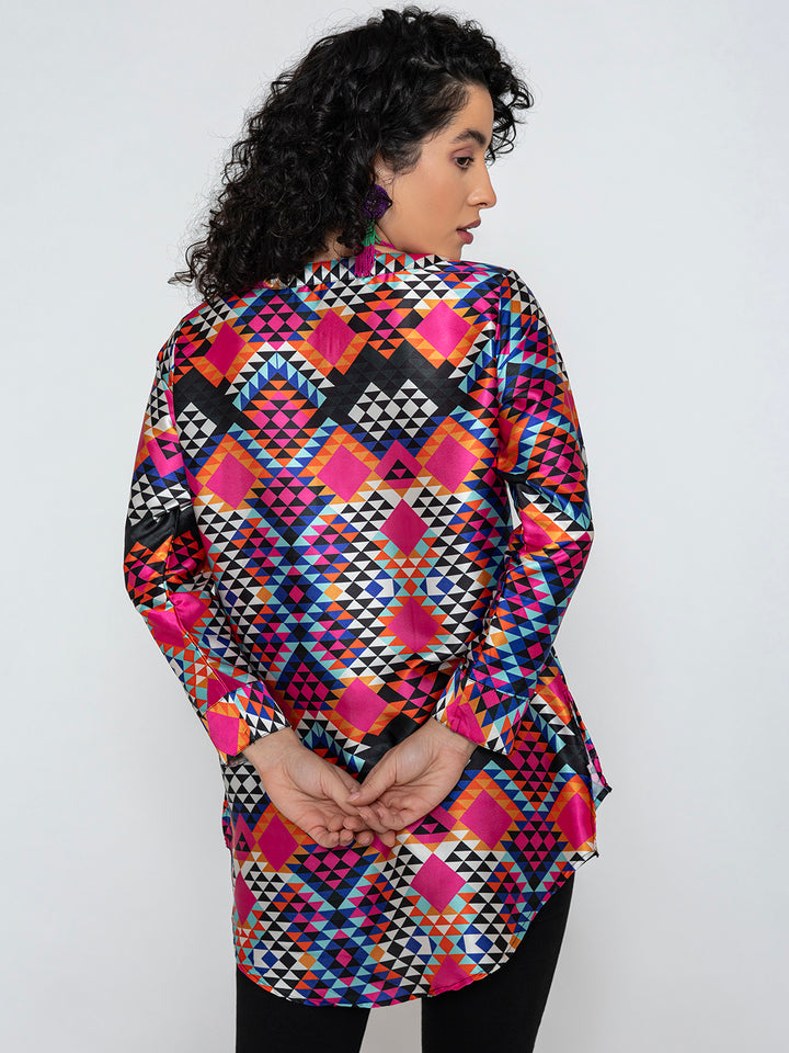 Multicolor Printed Satin Kurta Relaxed Fit Shirt