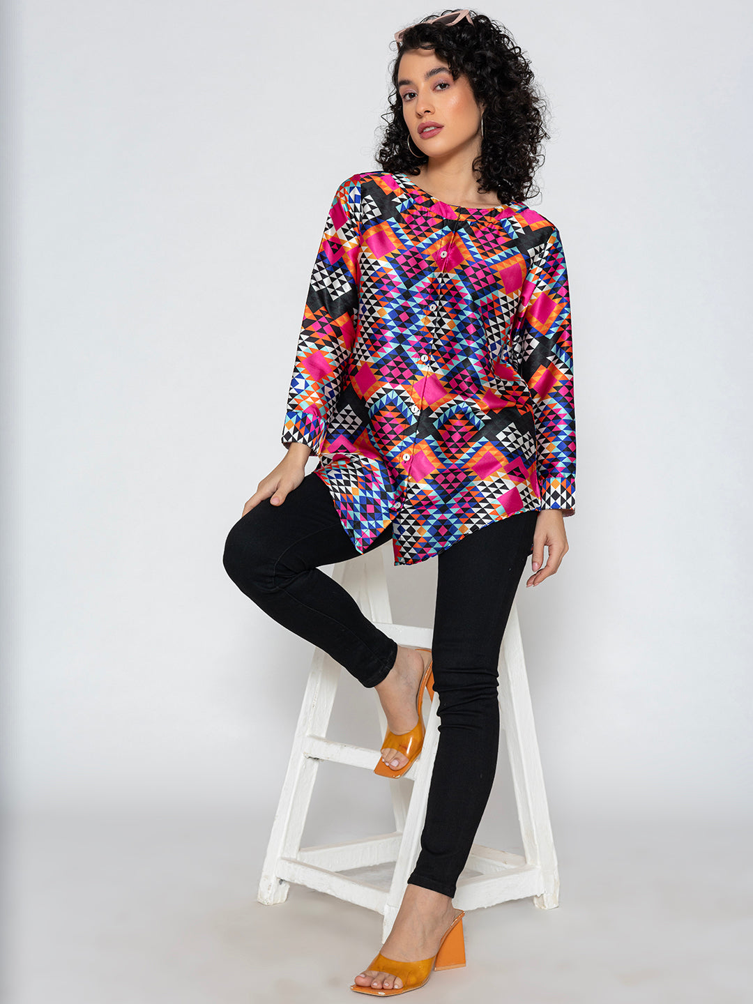 Multicolor Printed Satin Kurta Relaxed Fit Shirt