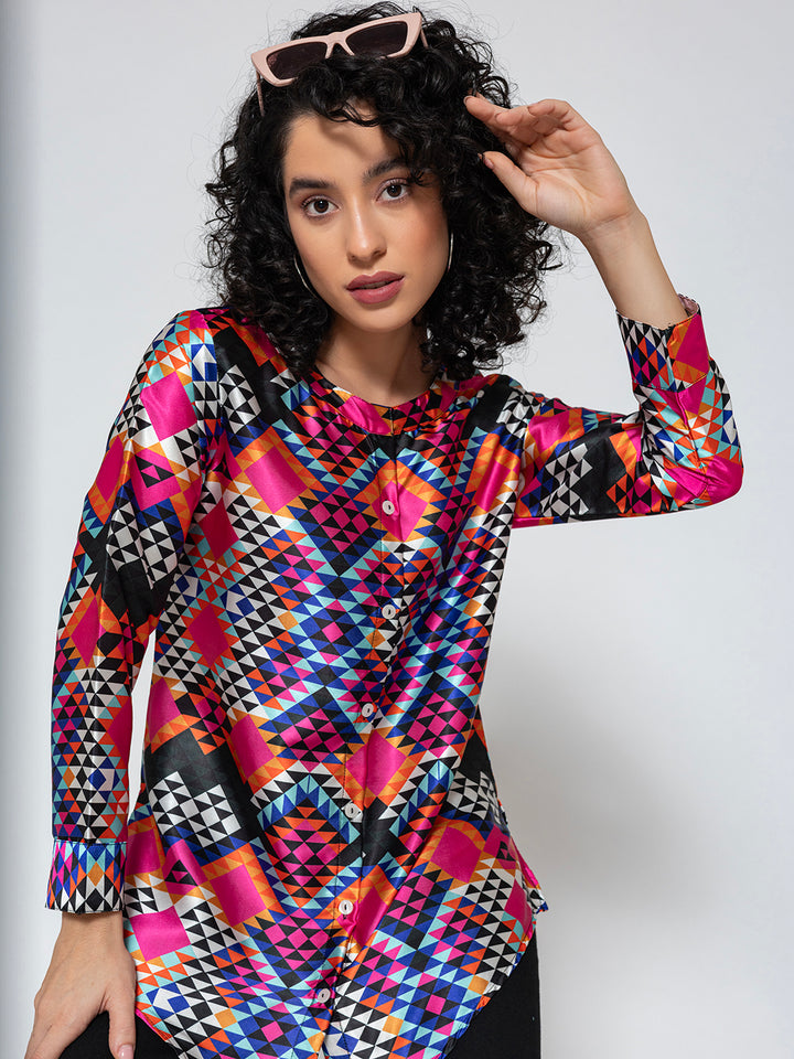 Multicolor Printed Satin Kurta Relaxed Fit Shirt