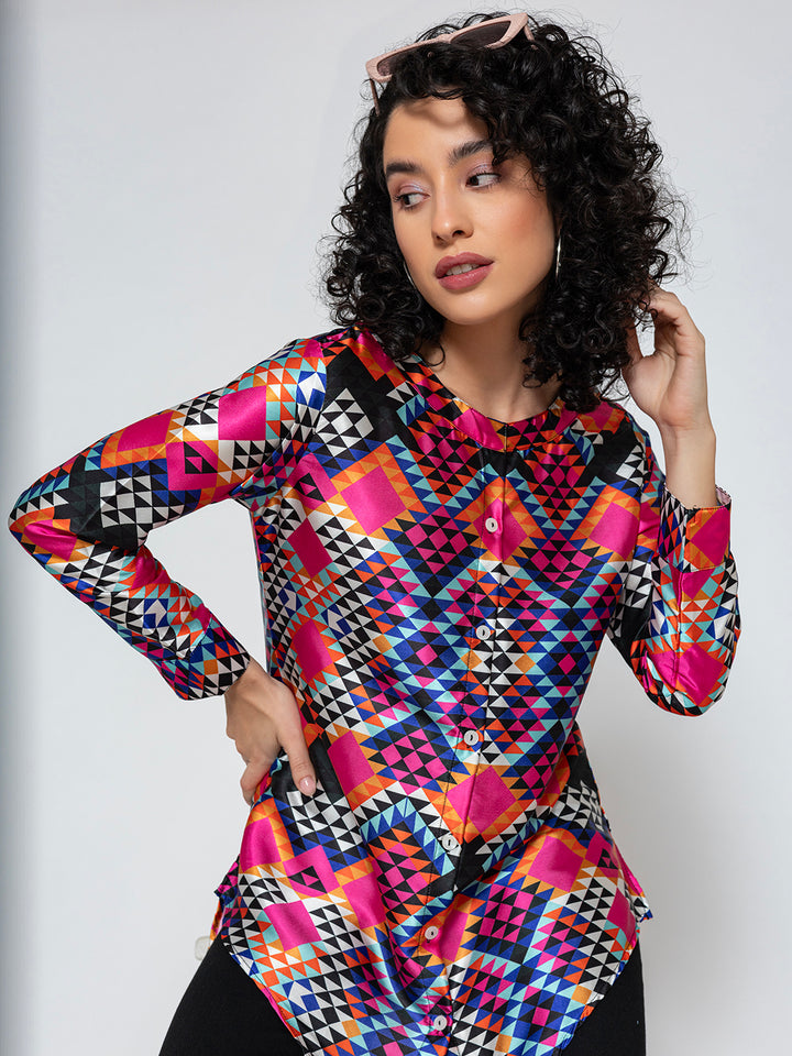 Multicolor Printed Satin Kurta Relaxed Fit Shirt