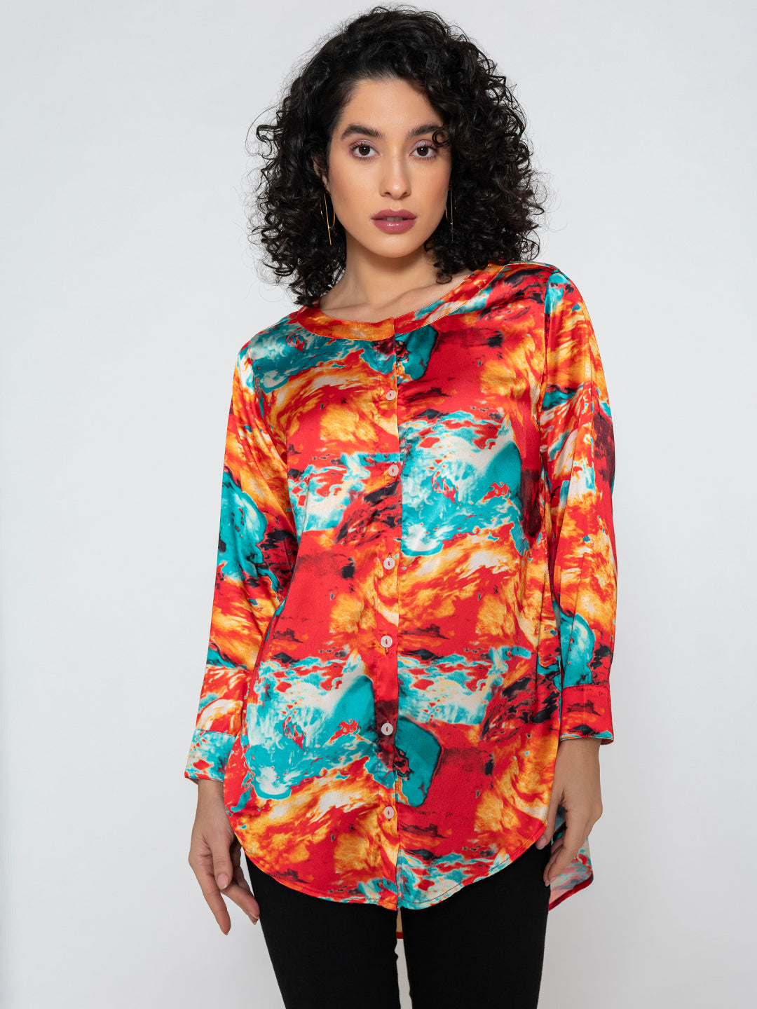 Red Printed Kurta Satin Relaxed Fit Shirt