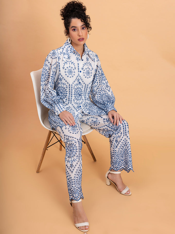 White & Blue Pure Cotton Schiffli Embroidered Women's Co-ord Set