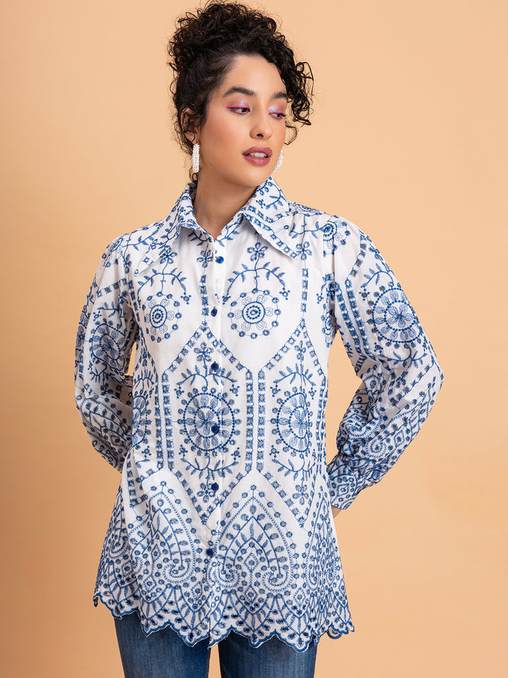 White & Blue Schiffli Embroidery Pure Cotton Shirt