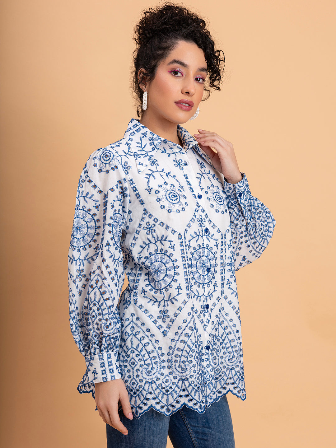 White & Blue Schiffli Embroidery Pure Cotton Shirt