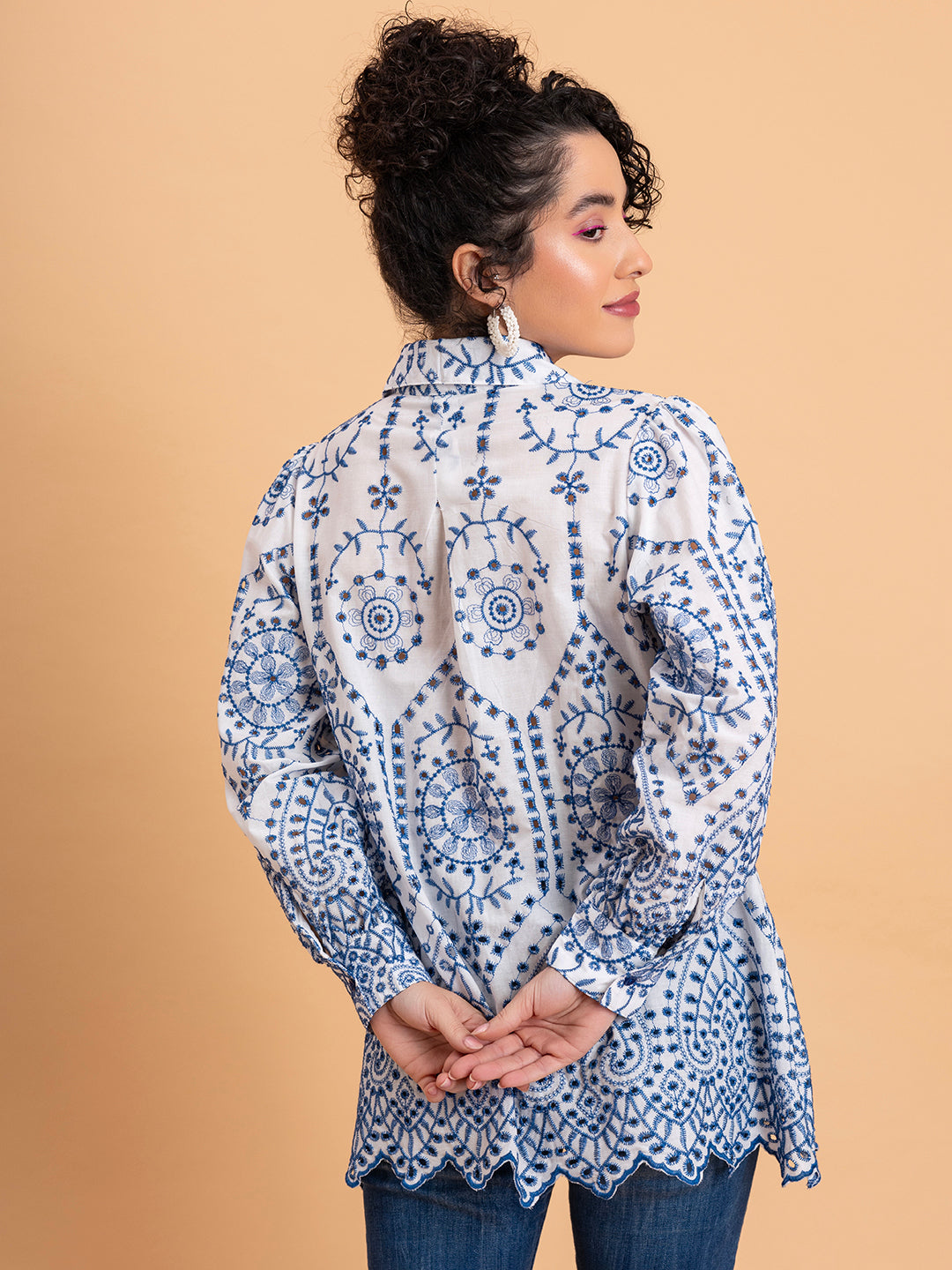 White & Blue Schiffli Embroidery Pure Cotton Shirt