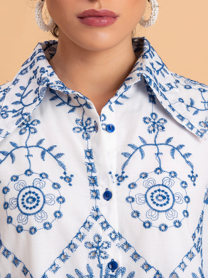 White & Blue Schiffli Embroidery Pure Cotton Shirt