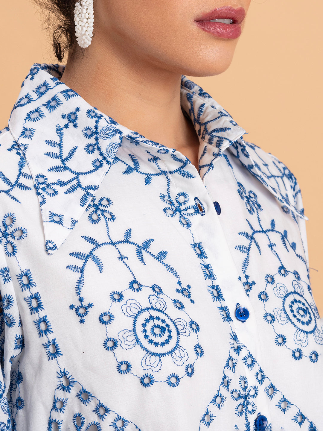 White & Blue Schiffli Embroidery Pure Cotton Shirt