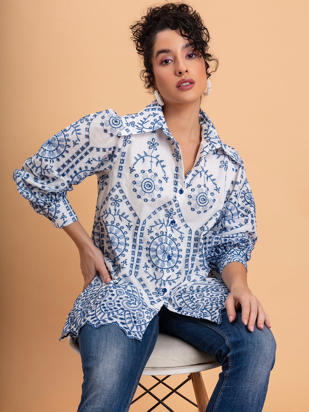 White & Blue Schiffli Embroidery Pure Cotton Shirt