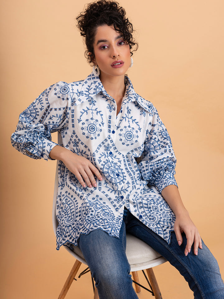 White & Blue Schiffli Embroidery Pure Cotton Shirt